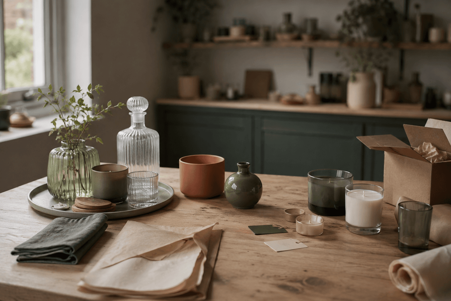 Quiet product studio table with glass vessels, ceramic forms and packing paper