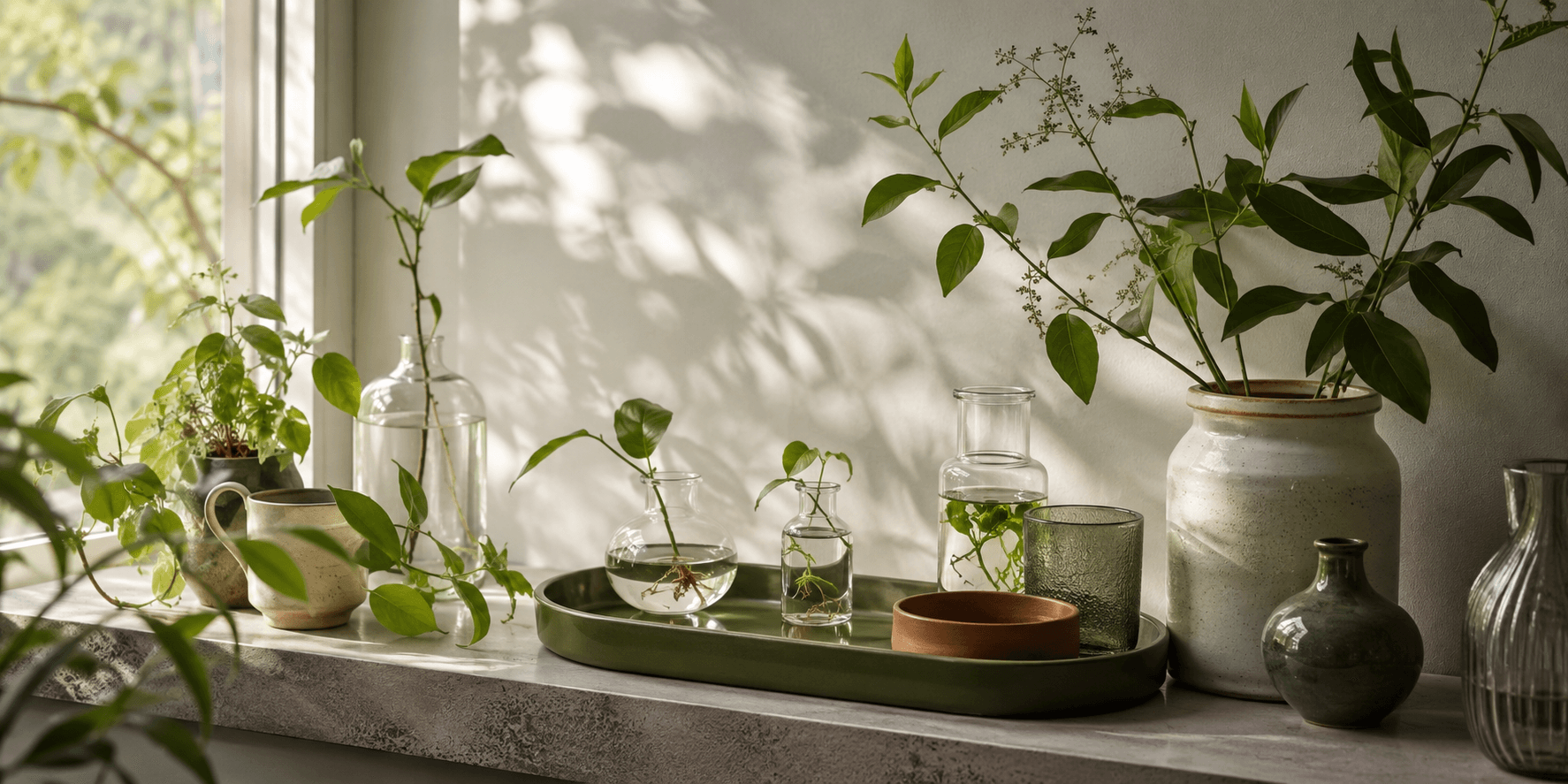 Sunlit windowsill with glass propagation vases, ceramic vessels and labels