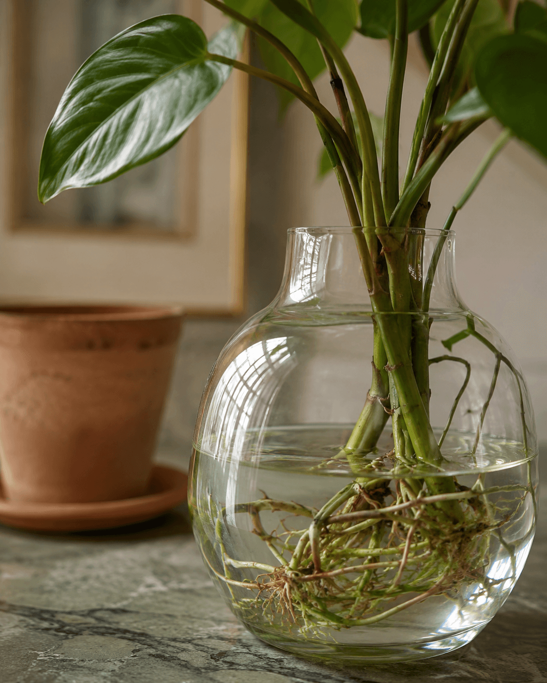Close view of roots and water inside a clear propagation vase