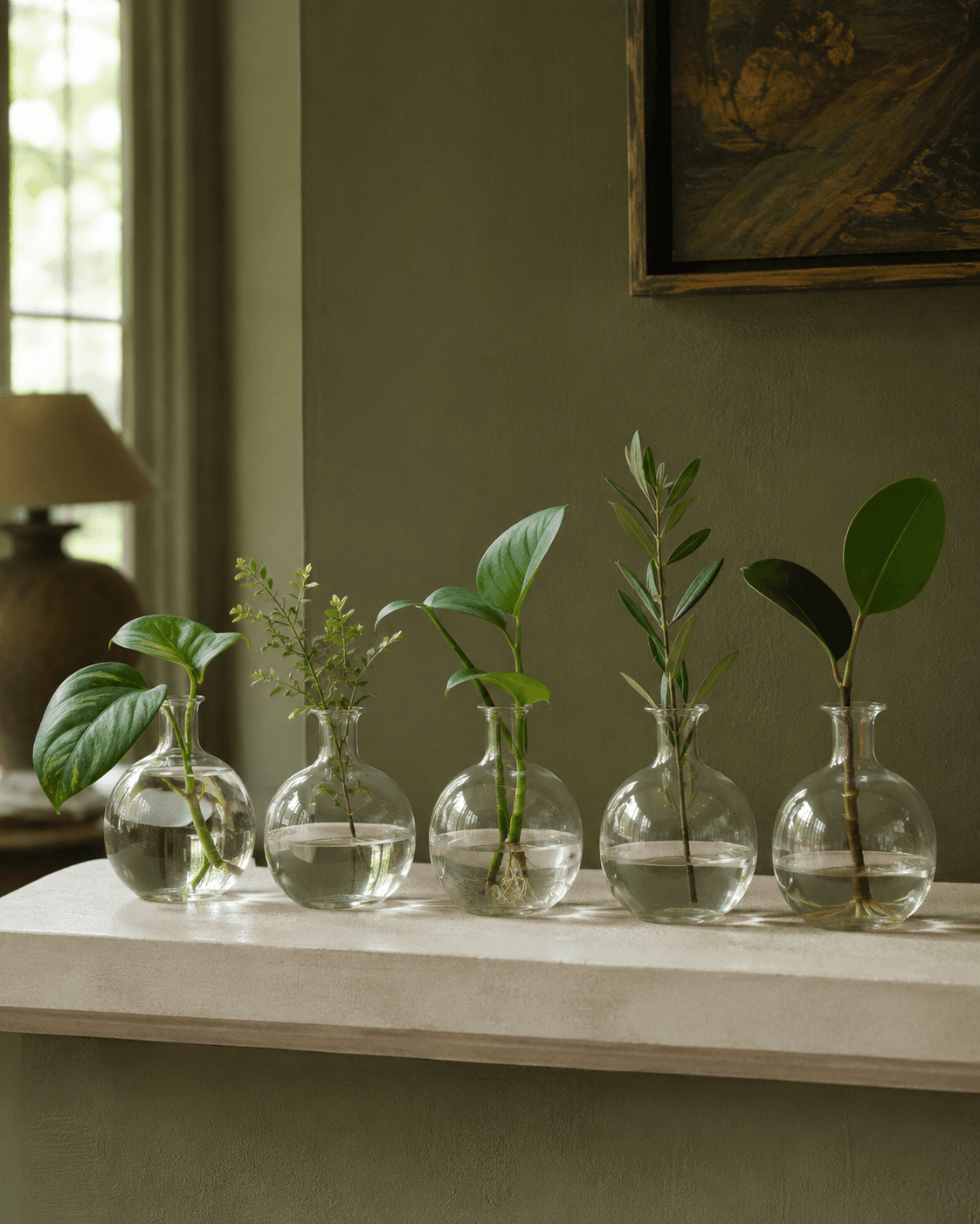 Five clear glass propagation vases arranged on a cream shelf