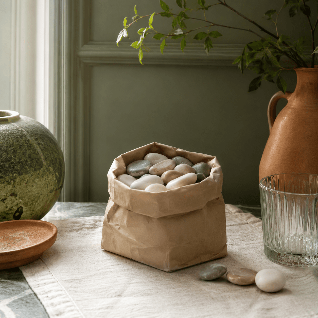 Small open paper bag of smooth neutral decorative pebbles