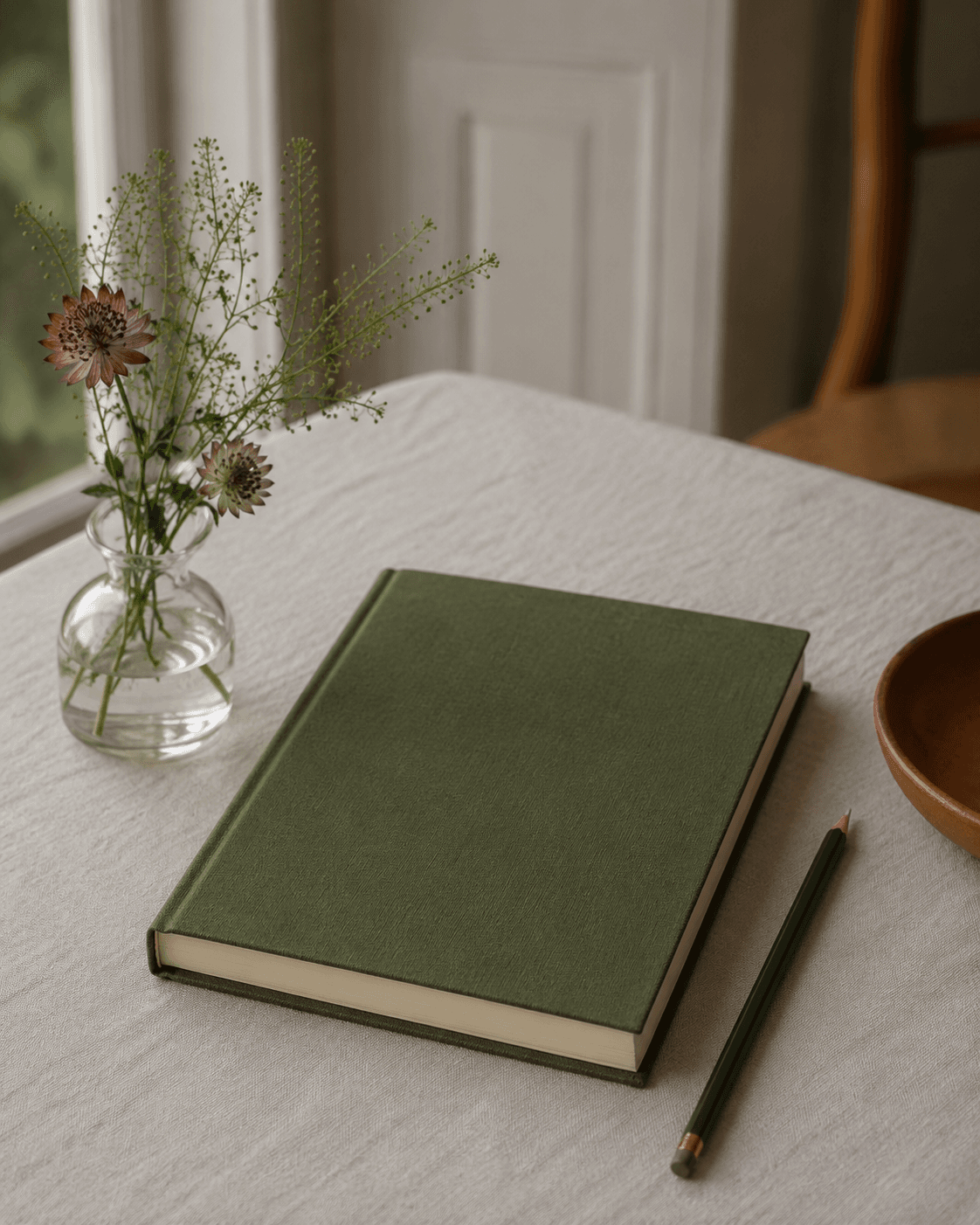 Moss green cloth-bound plant care notebook on a cream table