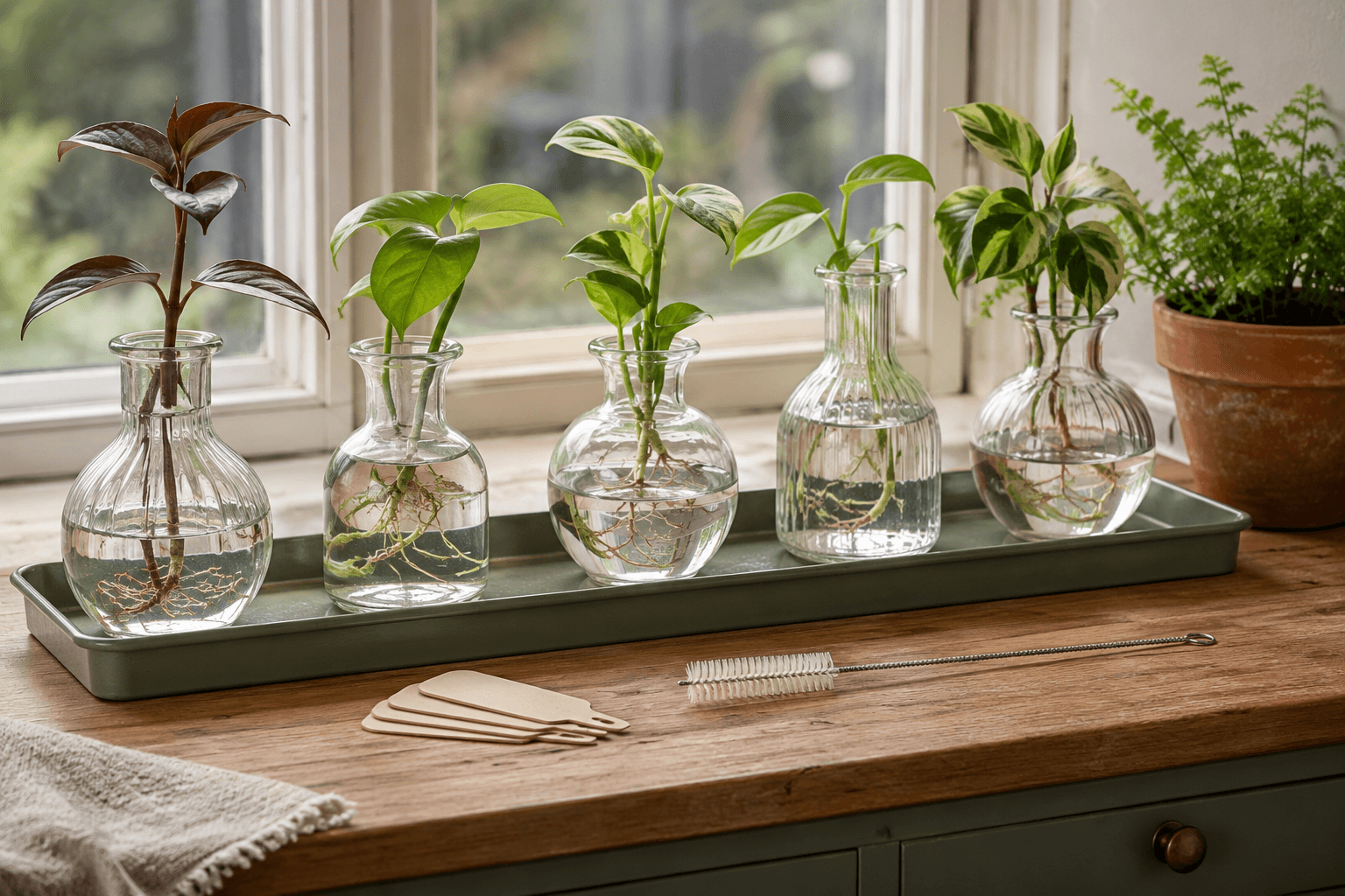 Complete propagation display bundle arranged on a moss green tray