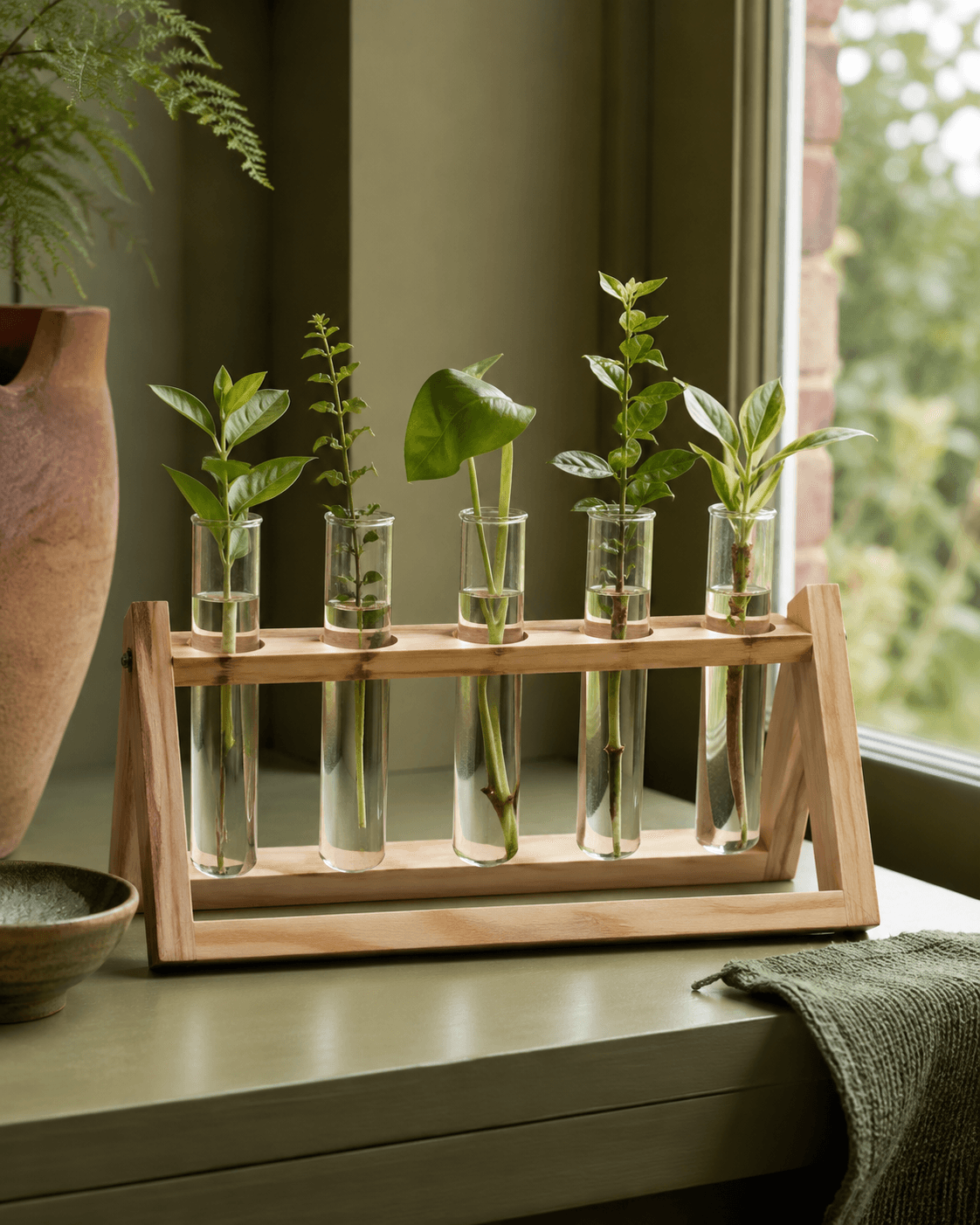 Beechwood propagation rack with five clear glass tubes